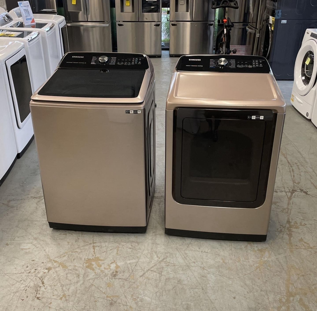 samsung 5.0 cu. ft. top load washer with active water jet in champagne ft 7.4 cu. ft. electric dryer with sensor dry in champagne samsung 5.0 cu. ft. top load washer with active water jet in champagne ft 7.4 cu. ft. electric dryer with sensor dry in champagne