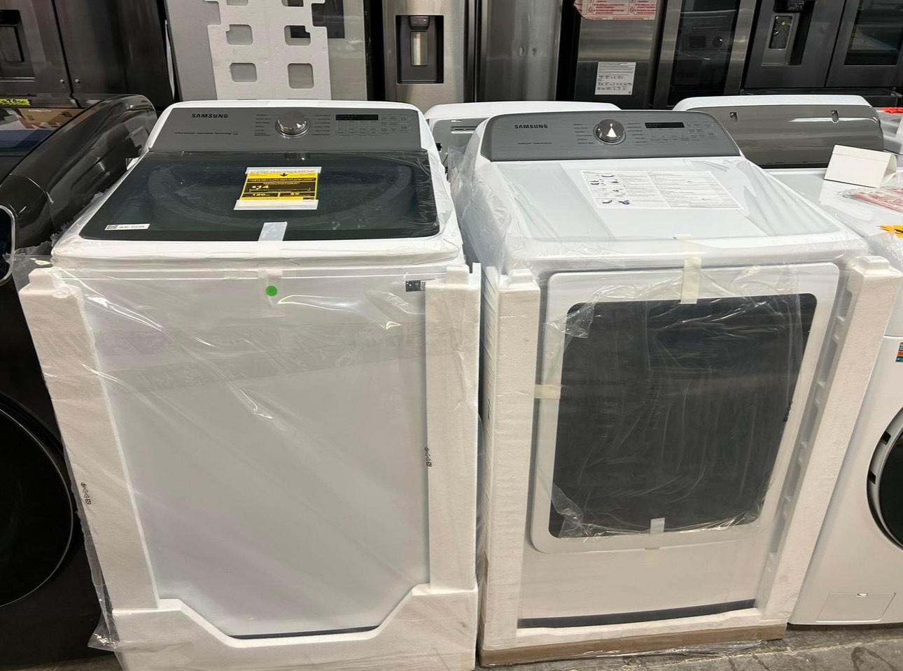 samsung 5.0 cu. ft. top load washer with active water jet in champagne ft 7.4 cu. ft. electric dryer with sensor dry in champagne