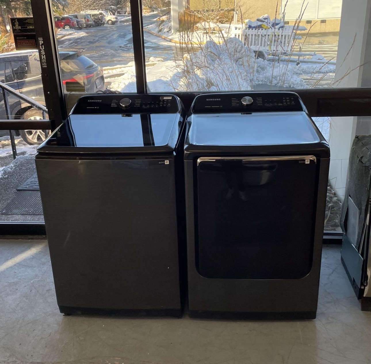 samsung 28 inch top load washer with 5.4 cu. with active waterjet in black stainless steel ft 7.4 cu. ft. gas dryer with steam sanitize+ in black stainless steel samsung 28 inch top load washer with 5.4 cu. with active waterjet in black stainless steel ft 7.4 cu. ft. gas dryer with steam sanitize+ in black stainless steel