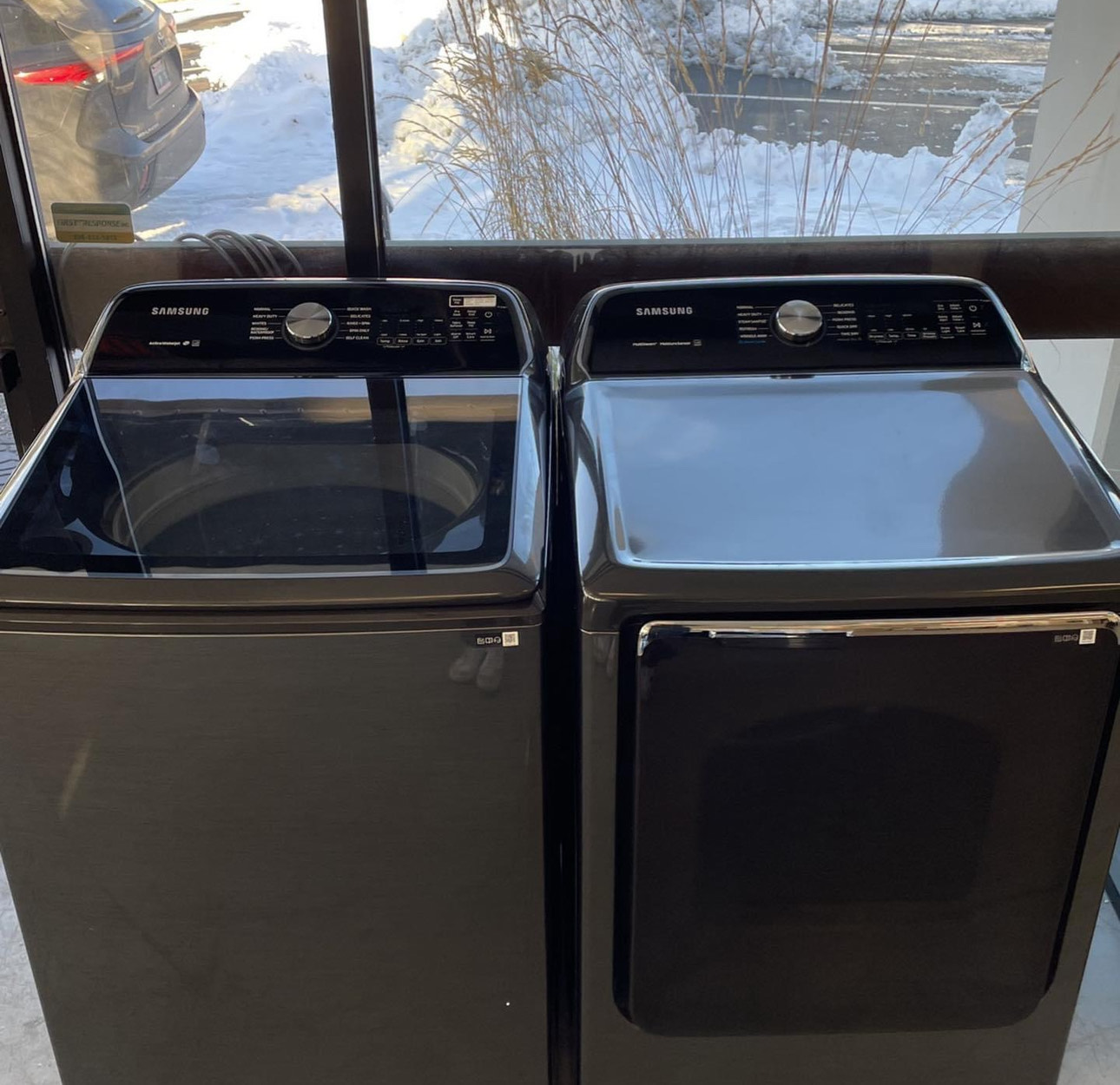 samsung 28 inch top load washer with 5.4 cu. with active waterjet in black stainless steel ft 7.4 cu. ft. gas dryer with steam sanitize+ in black stainless steel samsung 28 inch top load washer with 5.4 cu. with active waterjet in black stainless steel ft 7.4 cu. ft. gas dryer with steam sanitize+ in black stainless steel