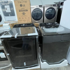 samsung 5.0 cu. ft. black stainless steel top load washer ft 7.4 cu. ft. electric dryer with steam sanitize+ in black stainless steel