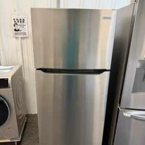 frigidaire 20.4 cu. ft. freestanding top freezer refrigerator with a stainless steel finish.