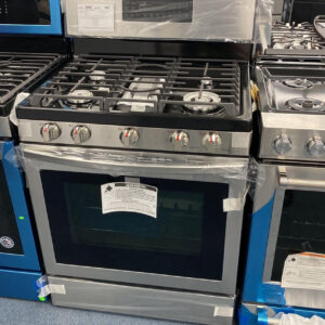 Home samsung 30 inch freestanding gas range with a 5.8 cu. ft. convection oven, a 5 burner cooktop, and a storage drawer.