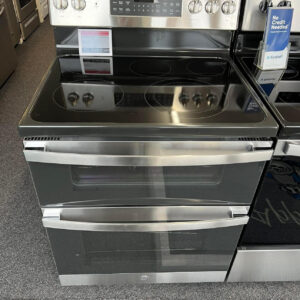 Home ge 30 inch, freestanding electric range with a radiant smoothtop and a large 6.6 cubic foot total capacity double oven featuring convection and no preheat air fry.