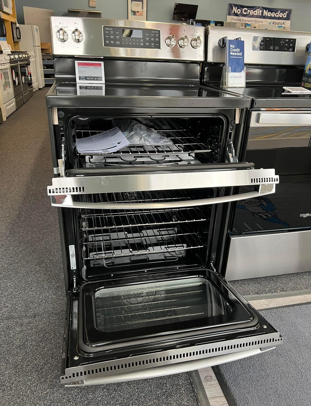 ge 30 inch, freestanding electric range with a radiant smoothtop and a large 6.6 cubic foot total capacity double oven featuring convection and no preheat air fry.